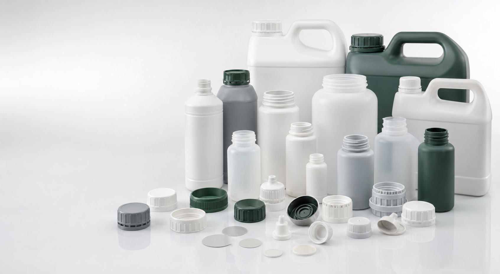 Unbranded plastic bottles, jugs, jerry cans, caps, and closures arranged for METAPACK packaging solutions