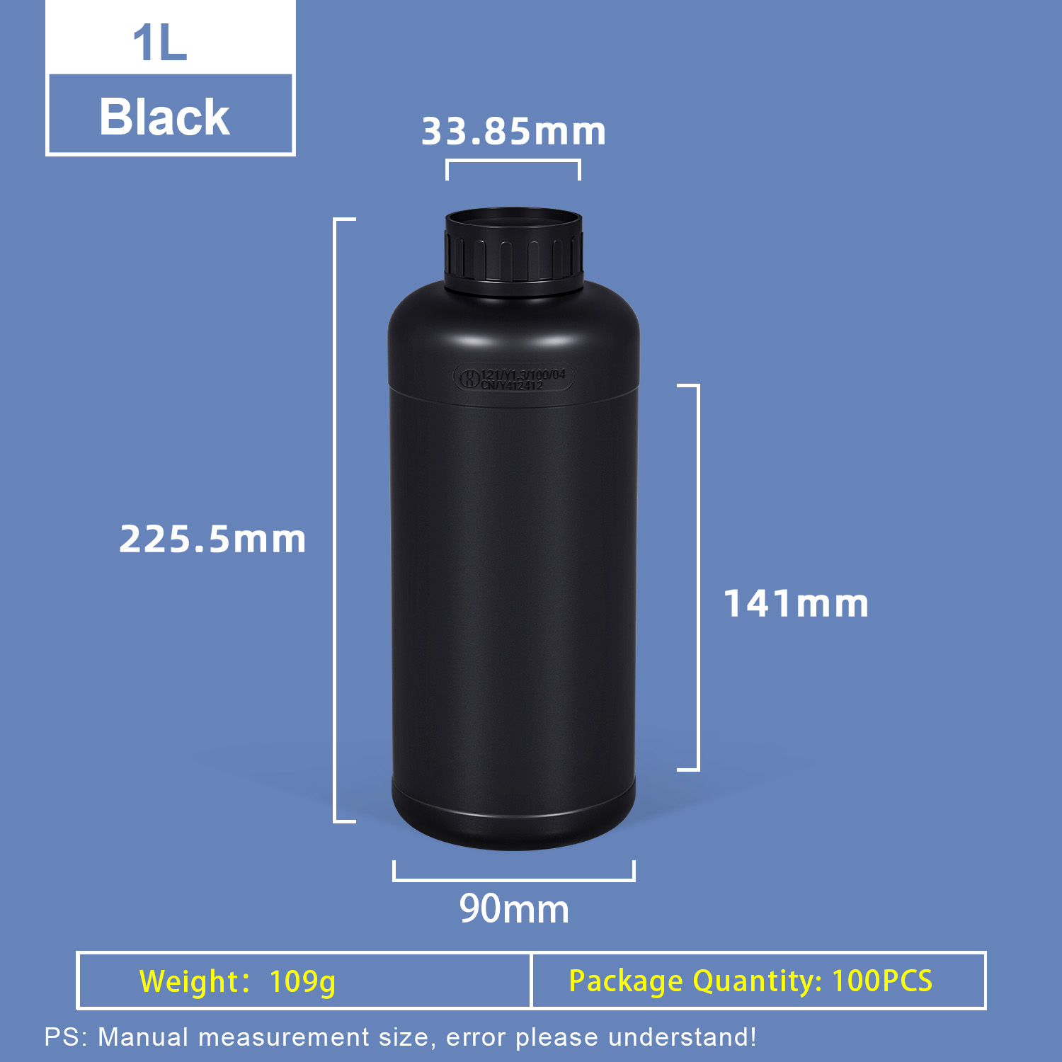 1L B-Style Black Fluorinated HDPE Bottle product image