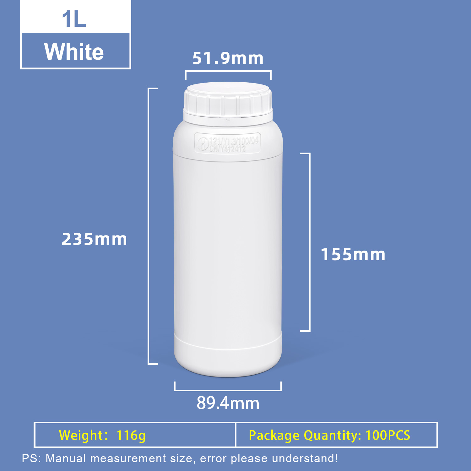 1L Wide Mouth Fluorinated HDPE Bottle product image
