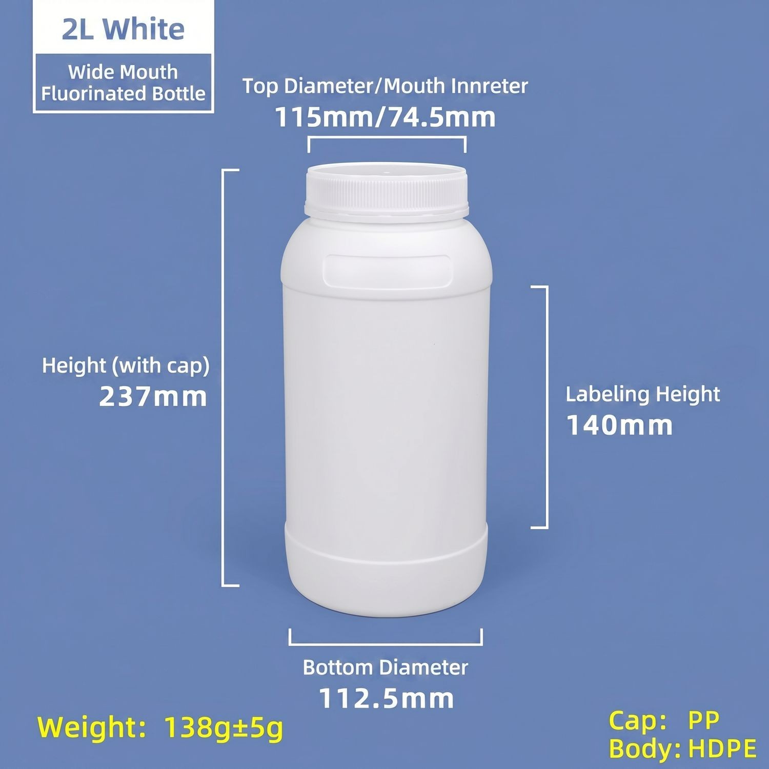 2L Wide Mouth Fluorinated HDPE Bottle product image